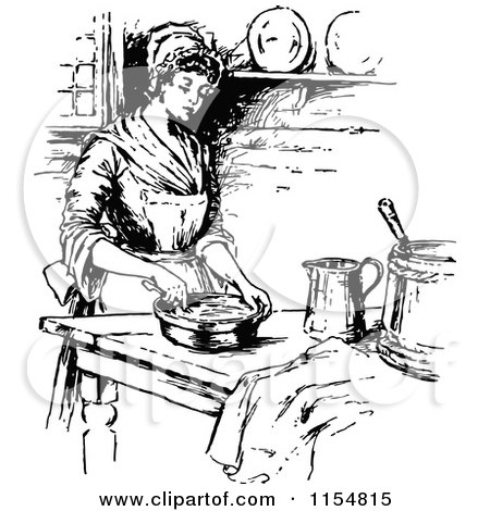 Clipart of a Retro Vintage Black and White Woman Cooking in a Kitchen - Royalty Free Vector Clipart by Prawny Vintage