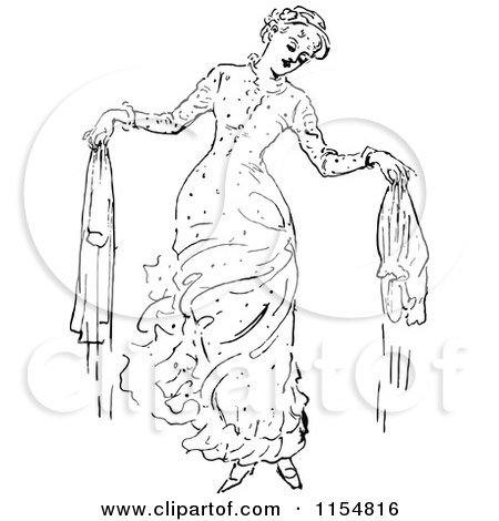 Clipart of a Retro Vintage Black and White Woman with Wet Laundry - Royalty Free Vector Clipart by Prawny Vintage
