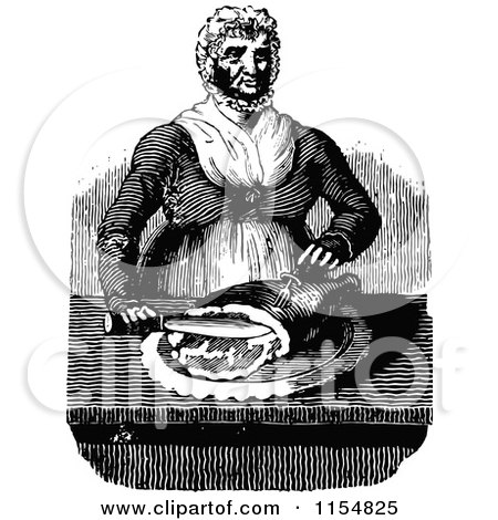 Clipart of a Retro Vintage Black and White Woman Carving Meat - Royalty Free Vector Clipart by Prawny Vintage
