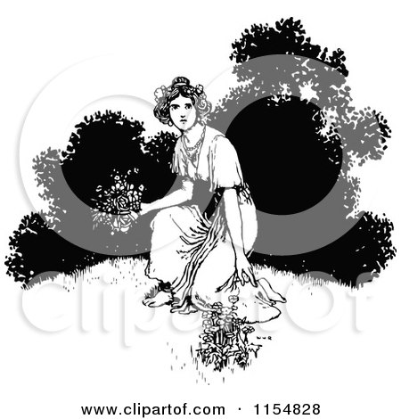 Clipart of a Retro Vintage Black and White Woman Picking Flowers - Royalty Free Vector Clipart by Prawny Vintage