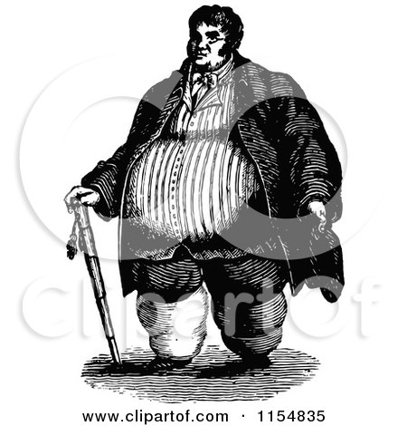 Clipart of a Retro Vintage Black and White Obese Man with a Cane - Royalty Free Vector Clipart by Prawny Vintage