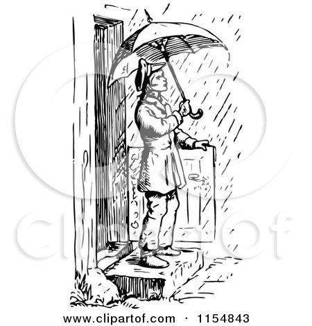 Clipart of a Retro Vintage Black and White Man Stepping into the Rain with an Umbrella - Royalty Free Vector Clipart by Prawny Vintage