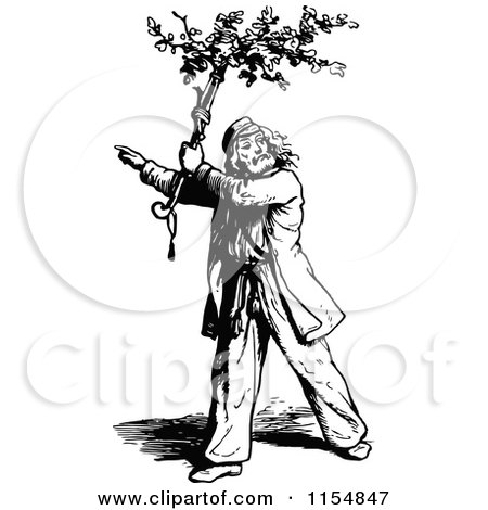 Clipart of a Retro Vintage Black and White Man Carrying a Branch - Royalty Free Vector Clipart by Prawny Vintage