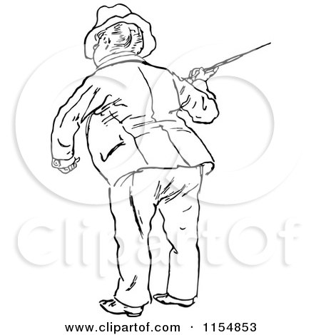 Clipart of a Retro Vintage Black and White Rear View of a Man with a Cane 2 - Royalty Free Vector Clipart by Prawny Vintage