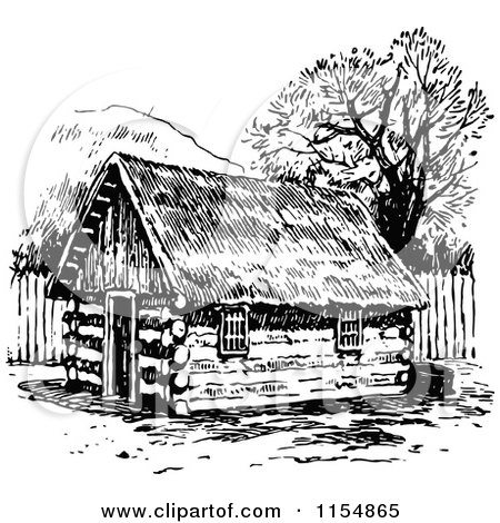 Clipart of a Retro Vintage Black and White Log Cabin - Royalty Free Vector Clipart by Prawny Vintage