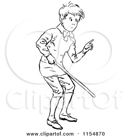 Clipart of a Retro Vintage Black and White Boy Holding a Stick - Royalty Free Vector Clipart by Prawny Vintage
