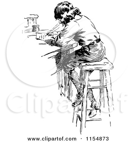 Clipart of a Retro Vintage Black and White Boy Writing - Royalty Free Vector Clipart by Prawny Vintage