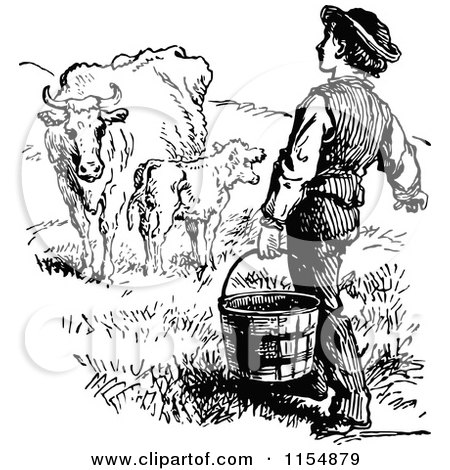 Clipart of a Retro Vintage Black and White Farmer Carrying a Bucket Towards Cows - Royalty Free Vector Clipart by Prawny Vintage