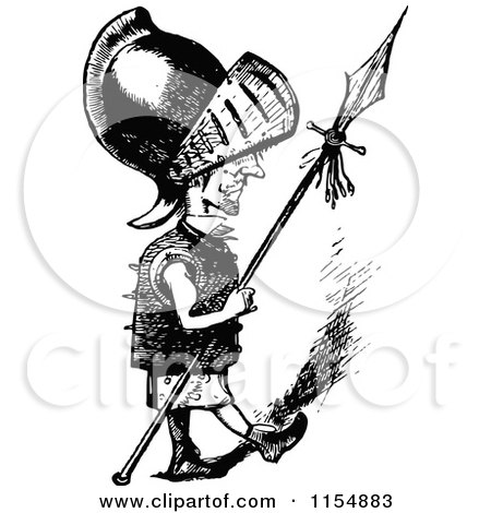 Clipart of a Retro Vintage Black and White Tiny Guard with a Spear - Royalty Free Vector Clipart by Prawny Vintage