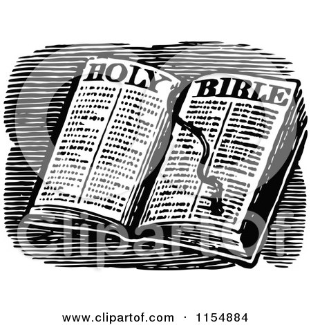 Clipart of a Retro Vintage Black and White Open Holy Bible - Royalty Free Vector Clipart by Prawny Vintage