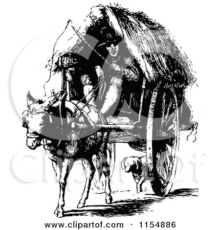 Clipart of a Retro Vintage Black and White Man and Horse Drawn Cart - Royalty Free Vector Clipart by Prawny Vintage