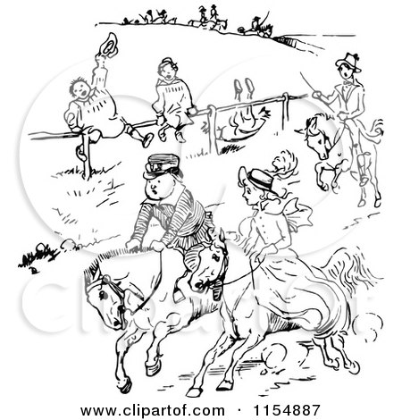 Clipart of a Retro Vintage Black and White Horse Race - Royalty Free Vector Clipart by Prawny Vintage