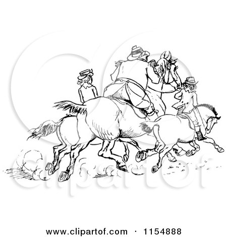 Clipart of Retro Vintage Black and White Horse Riders - Royalty Free Vector Clipart by Prawny Vintage