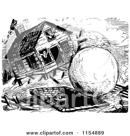 Clipart of a Retro Vintage Black and White Giant Snowball Hitting a House - Royalty Free Vector Clipart by Prawny Vintage