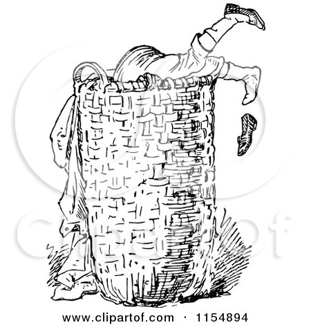 Clipart of a Retro Vintage Black and White Boy Digging in a Laundry Basket - Royalty Free Vector Clipart by Prawny Vintage