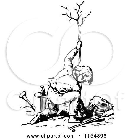 Clipart of a Retro Vintage Black and White Man Planting a Tree - Royalty Free Vector Clipart by Prawny Vintage