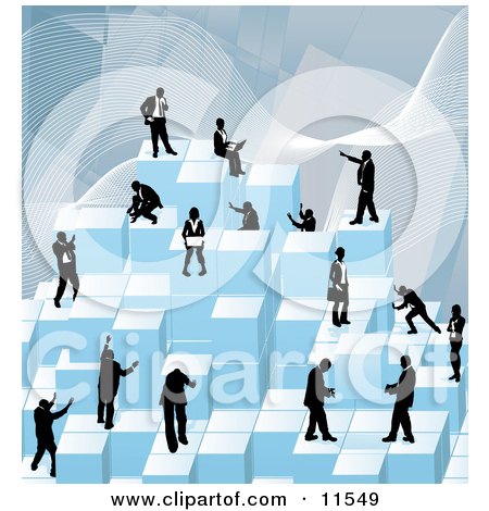 Businessmen Working Together as a Team to Stack Blue Building Blocks of Success Clipart Illustration by AtStockIllustration