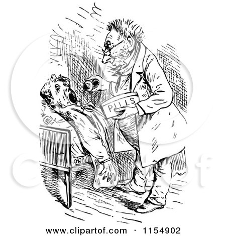 Clipart of a Retro Vintage Black and White Doctor Giving Pills to a Man - Royalty Free Vector Clipart by Prawny Vintage