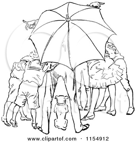 Clipart of a Retro Vintage Black and White Group and Dog Under an Umbrella - Royalty Free Vector Clipart by Prawny Vintage