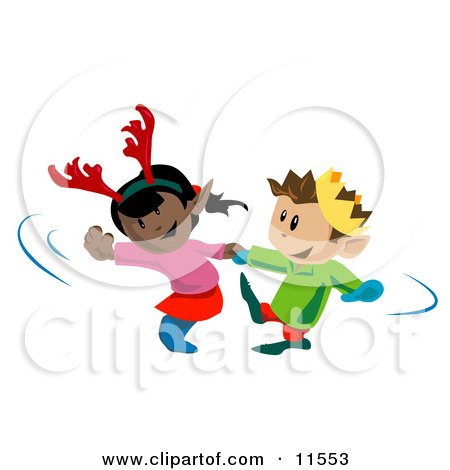 Girl Wearing Antlers Dancing With a Boy Wearing a Crown Clipart Illustration by AtStockIllustration