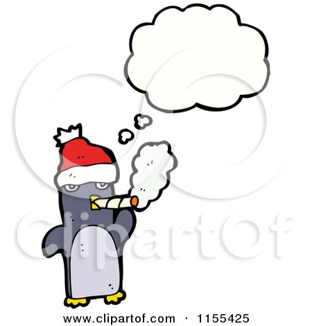 Cartoon of a Thinking Christmas Penguin Smoking - Royalty Free Vector Illustration by lineartestpilot