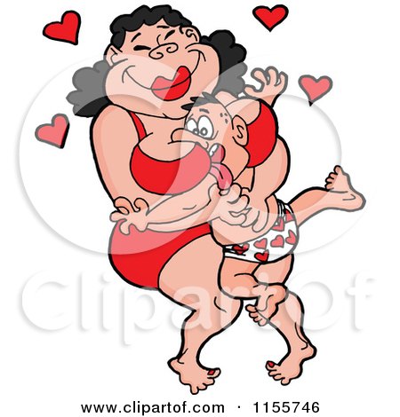 Cartoon of a Chubby Woman Squishing a White Man Between Her Breasts - Royalty Free Vector Illustration by LaffToon