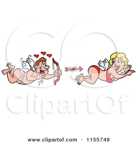 Cartoon of a White Cupid Shooting an Arrow at a Gorgeous Woman - Royalty Free Vector Illustration by LaffToon