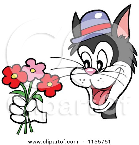 Cartoon of a Valentines Day Cat Holding Flowers - Royalty Free Vector Illustration by LaffToon