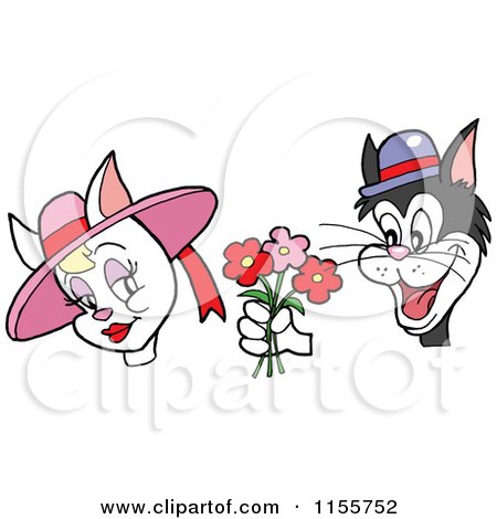 Cartoon of a Valentines Day Cat Giving Flowers to a Female - Royalty Free Vector Illustration by LaffToon
