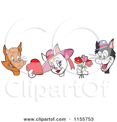 Cartoon of Valentines Day Cats Giving Candy and Flowers to a