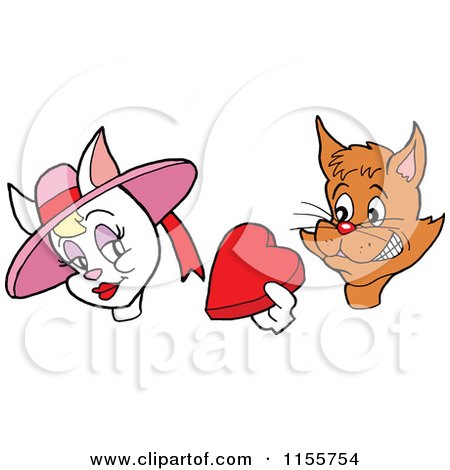 Cartoon of a Valentines Day Cat Giving a Heart Candy Box to a Female - Royalty Free Vector Illustration by LaffToon