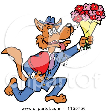 Cartoon of a Romantic Drooling Wolf Holding Flowers and a Heart Shaped Candy Box - Royalty Free Vector Illustration by LaffToon
