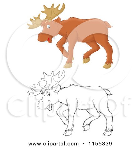 Cartoon of a Happy Brown and Outlined Moose - Royalty Free Illustration by Alex Bannykh