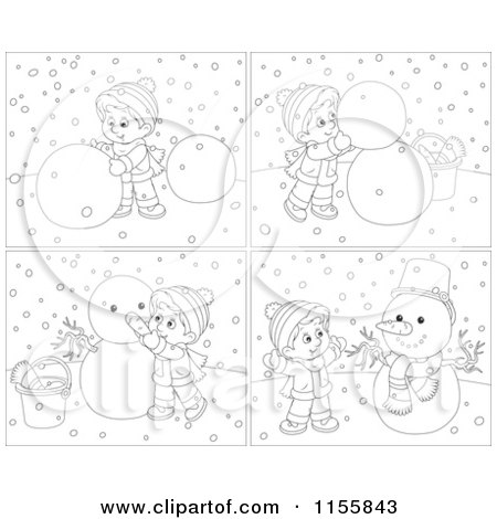Cartoon of Black and White Scenes of a Boy Building a Snowman - Royalty Free Vector Illustration by Alex Bannykh