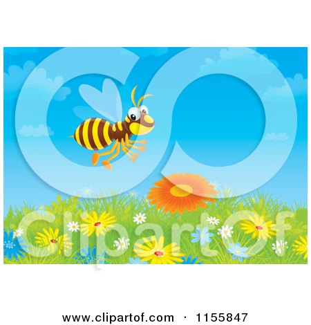 Cartoon of a Happy Bee over a Field of Wildflowers - Royalty Free Illustration by Alex Bannykh