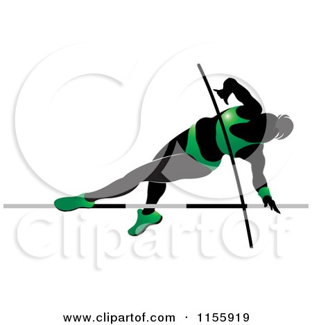 Clipart of a Silhouetted Woman Pole Vaulting in a Green Suit 2 - Royalty Free Vector Illustration by Lal Perera