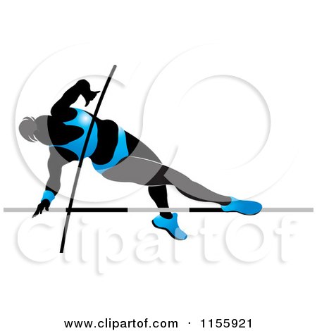 Clipart of a Silhouetted Woman Pole Vaulting in a Blue Suit - Royalty Free Vector Illustration by Lal Perera