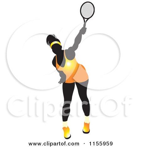 Clipart of a Silhouetted Swinging Tennis Woman in a Yellow Outfit - Royalty Free Vector Illustration by Lal Perera