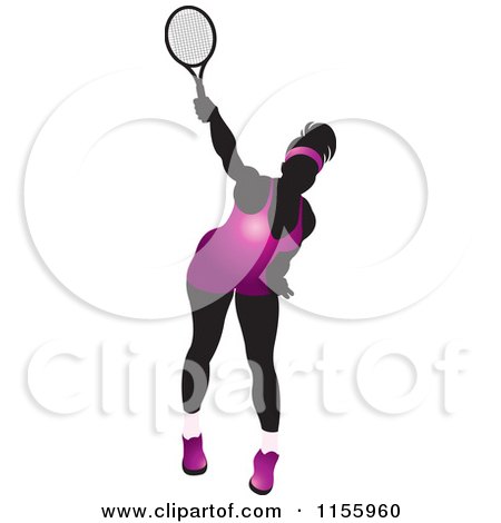 Clipart of a Silhouetted Swinging Tennis Woman in a Purple Outfit - Royalty Free Vector Illustration by Lal Perera