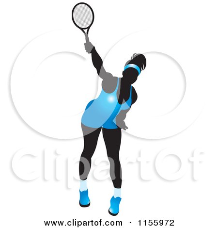 Clipart of a Silhouetted Swinging Tennis Woman in a Blue Outfit - Royalty Free Vector Illustration by Lal Perera