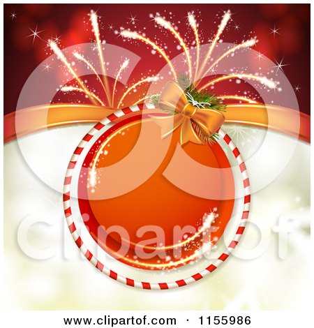 Clipart of a Christmas or New Year Background of Fireworks and a Round Candy Cane Frame - Royalty Free Vector Illustration by merlinul