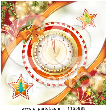 Clipart of a New Year Background of Fireworks Ornaments and a Clock - Royalty Free Vector Illustration by merlinul