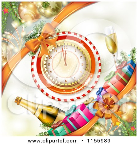 Clipart of a New Year Background of Fireworks a Clock and Champagne - Royalty Free Vector Illustration by merlinul