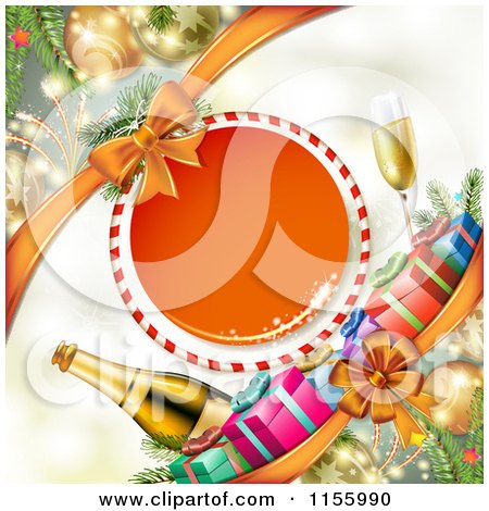 Clipart of a New Year Background of Gifts and Champagne with a Frame - Royalty Free Vector Illustration by merlinul
