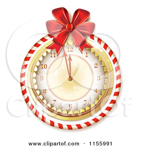 Clipart of a New Year Clock with a Red Bow and Candy Cane Ring - Royalty Free Vector Illustration by merlinul