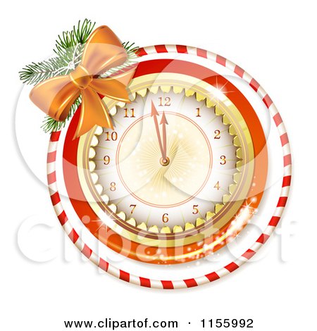 Clipart of a New Year Clock with a Bow and Candy Cane Ring - Royalty Free Vector Illustration by merlinul
