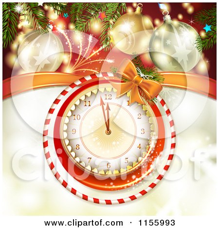 Clipart of a New Year Background of Fireworks Baubles and a Clock - Royalty Free Vector Illustration by merlinul
