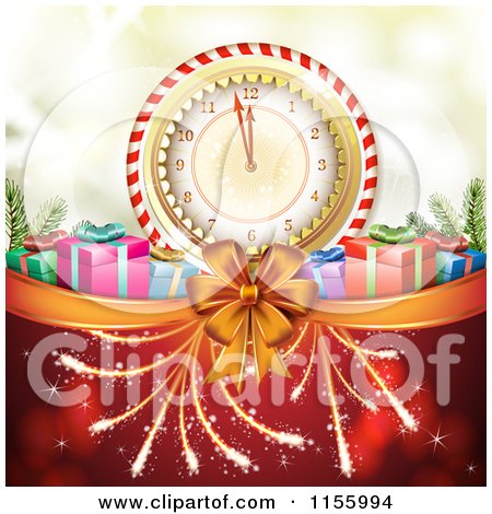 Clipart of a New Year Background of Fireworks Gifts and a Clock - Royalty Free Vector Illustration by merlinul