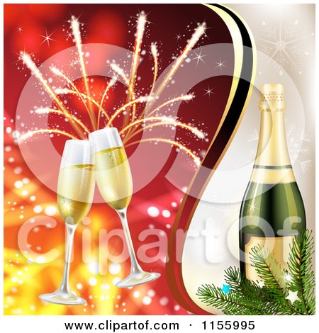 Clipart of a New Year Background with Champagne Glasses Fireworks and a Bottle - Royalty Free Vector Illustration by merlinul