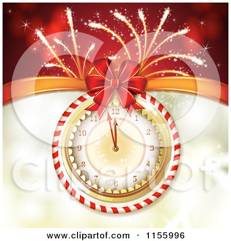 Clipart of a New Year Background of Fireworks and a Clock - Royalty Free Vector Illustration by merlinul